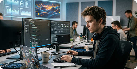 A younng man typing at keyboard of personal computer