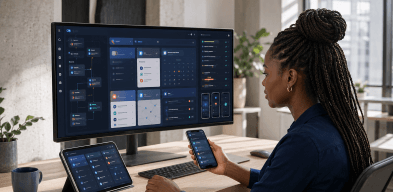 Développeuse testant une même application sur ordinateur, tablette et smartphone