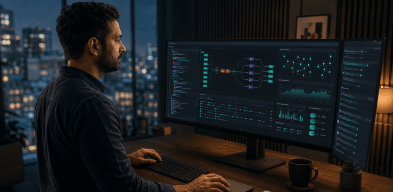Développeur supervisant une architecture Node.js asynchrone et événementielle