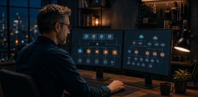 Architecte web analysant une infrastructure full stack sur deux écrans