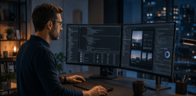 Développeur travaillant sur du code TypeScript et une interface web responsive