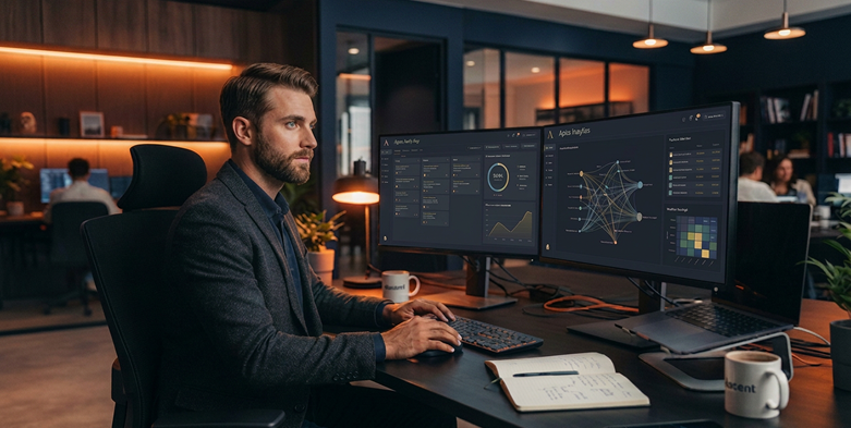man at desk in office watching PC screen